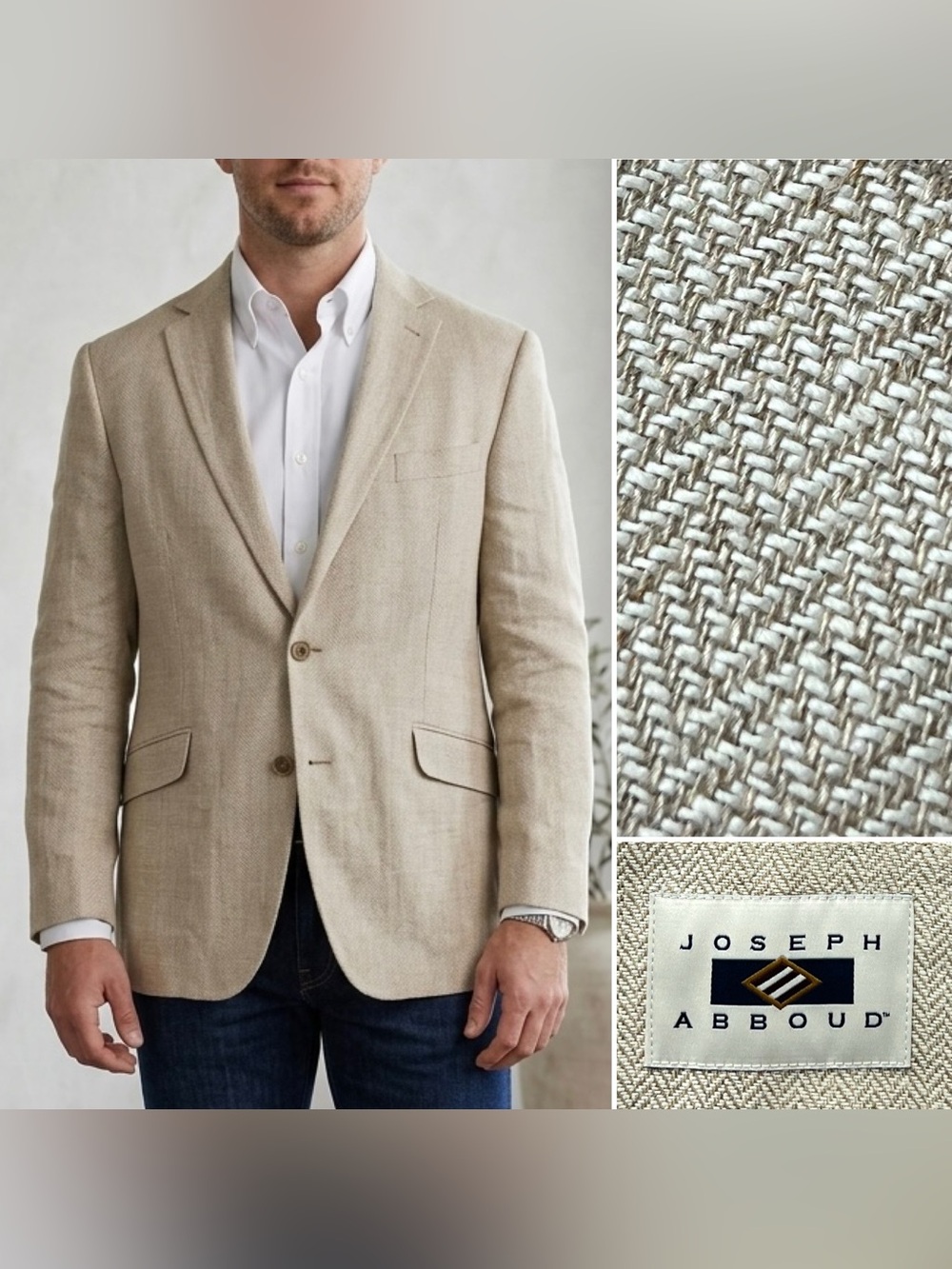 Men's Joseph Abboud 46R 100% Linen Herringbone Cream Bona Fides Blazer Jacket